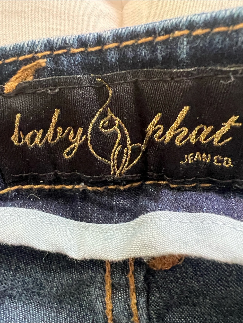 Baby Phat Dark Blue Jeans with Gold Stitching and Embroidered Cat